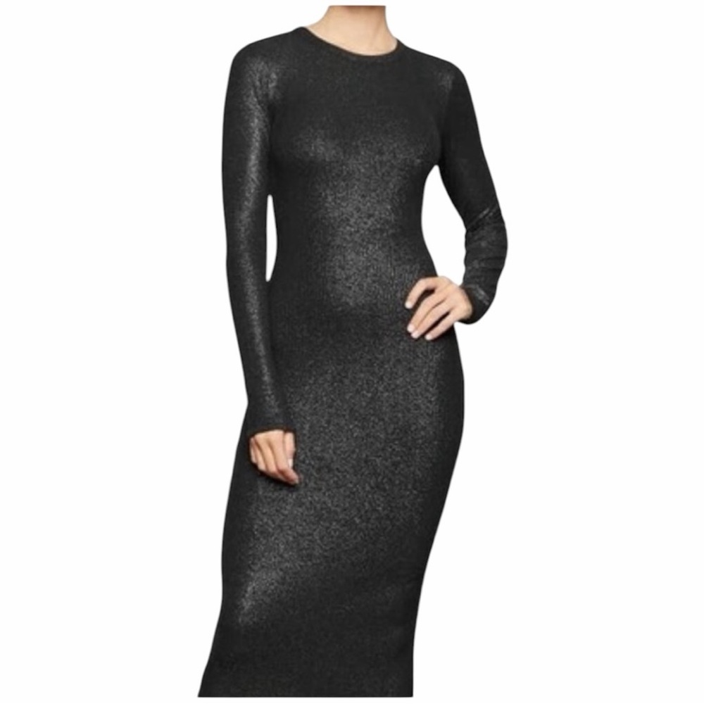 Skims Black Shimmer Foil Ribbed
Long Sleeve Sheath gown Dress NWT Sparkle Sz M - Picture 5 of 9